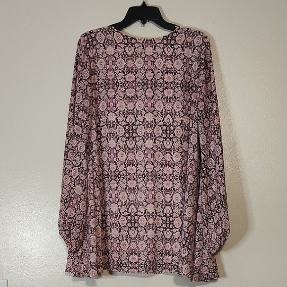 Show Me Your MuMu tunic top Pink and Purple V-Neck Bishop Sleeve Blouse Sz L - Picture 2 of 6